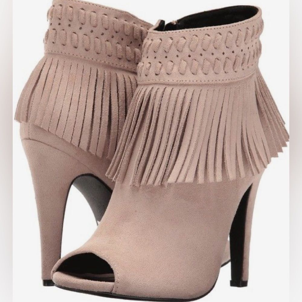 Tan fringe heeled peep toe booties size 7.5 NWOB - Picture 1 of 7